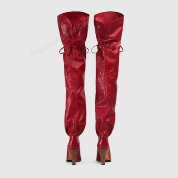 Сапоги выше колена красного цвета с ремешками; Женская обувь Высокого качества на массивном деревянном каблуке С острым носком; Новинка 2023 года; Zapatos Para Mujere