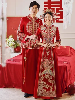 Свадебное платье для влюбленных, блестящие пайетки, вышивка драконом Фениксом, Ципао в китайском стиле с кисточками из бисера китайская одежда