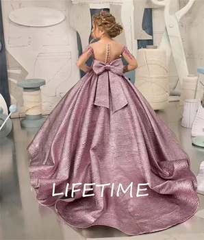Свадебное платье с цветочным узором для девочек фиолетового цвета, с открытыми плечами, с длинным рукавом, расшитое бисером, бальное платье принцессы со шлейфом, платье для вечеринки на день рождения