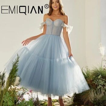 Светло-голубые короткие платья для выпускного вечера с открытыми плечами, многоуровневая юбка, вечерние платья трапециевидной формы, плиссированные вечерние платья из тюля чайной длины