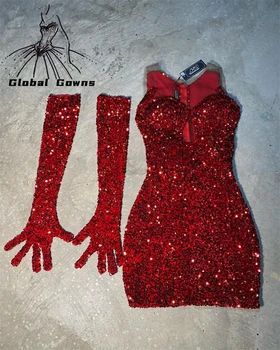 Сексуальные Красные Короткие платья для выпускного вечера, расшитые блестками Платья для вечеринки по случаю Дня рождения с перчатками, Мини-коктейльное Платье для Бала Выпускников