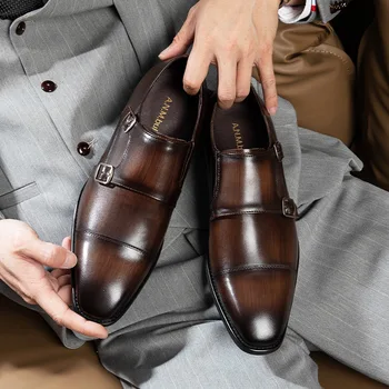 Удобная Официальная мужская обувь из натуральной кожи с двойным ремешком Monk, Черно-коричневые мужские модные модельные туфли, Свадебные мужские оксфорды
