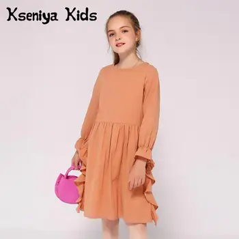 Хит продаж Kseniya Kids, весенне-осеннее хлопковое платье с длинными рукавами и оборками, однотонное, от 2 до 9 лет
