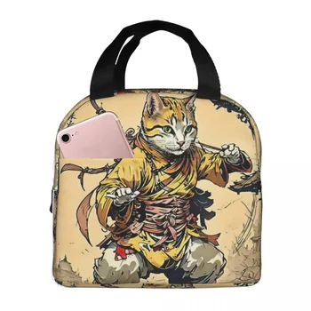 Шаолиньский кот, осваивающий боевые искусства, Изолированная сумка для ланча, сумка для пикника, термоохладитель, ланч-бокс, сумка для ланча для женщин, работы, детей, школы