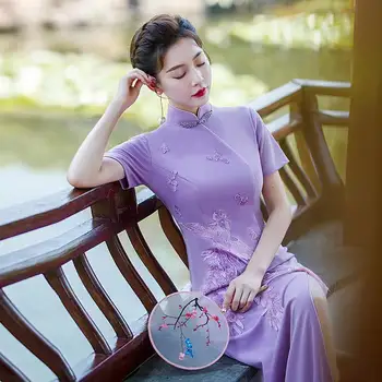 Элегантная женская традиционная одежда Вьетнама Аодай, Вьетнамское платье Ао Дай, китайское фиолетовое длинное элегантное платье ципао в стиле ретро Чонсам.
