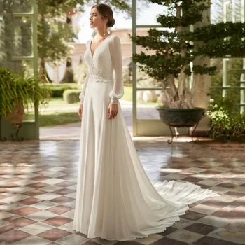 Элегантное белое Женское свадебное платье трапециевидной формы с V-образным вырезом, Кружевная аппликация с длинным рукавом, Шифоновое свадебное платье со шлейфом, Vestidos De Novia