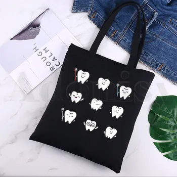 Эстетичный рисунок зубов и дантиста, забавные модные сумки для покупок из черного холста, повседневная сумка Pacakge для девочек, повседневная сумка для повседневной жизни